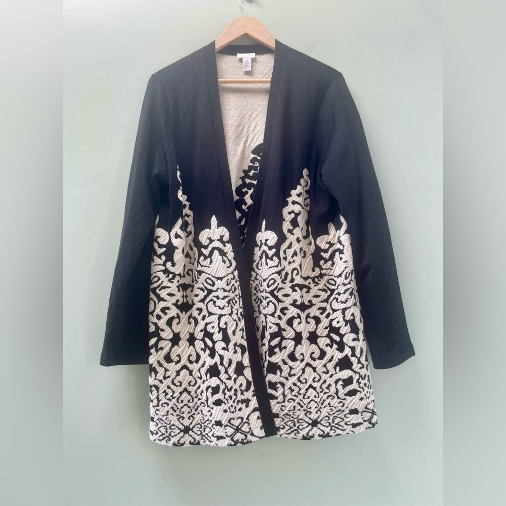 Chico’s Size 2 Black and Cream Wool Blend Cardigan excellent condition